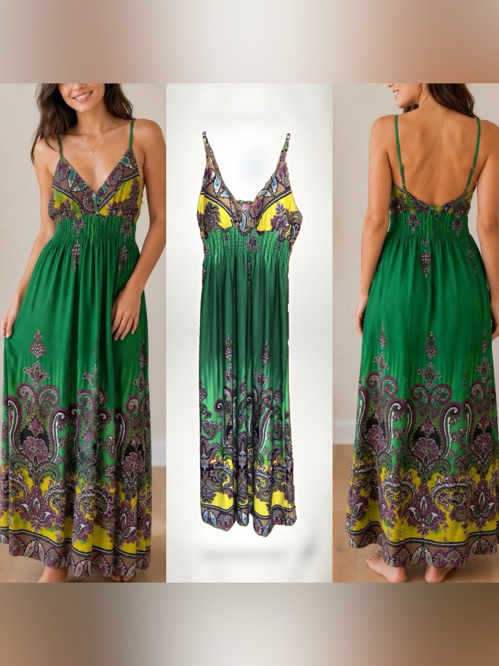 She's Cool Green Paisley Maxi Dress w/Yellow Accents & Empire Waist-XL-EC